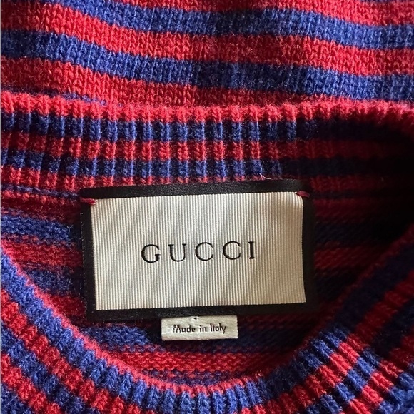 GUCCI Striped Wool Sweater With King Spaniel Intarsia Blue In Red Size… - Picture 6 of 12